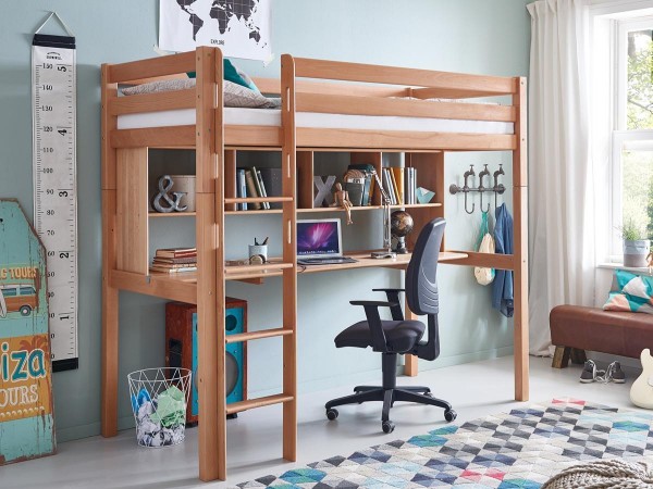 Hochbett + Schreibtisch + Regal Toli Natur 90x200cm Kinderbett mit Rollrost