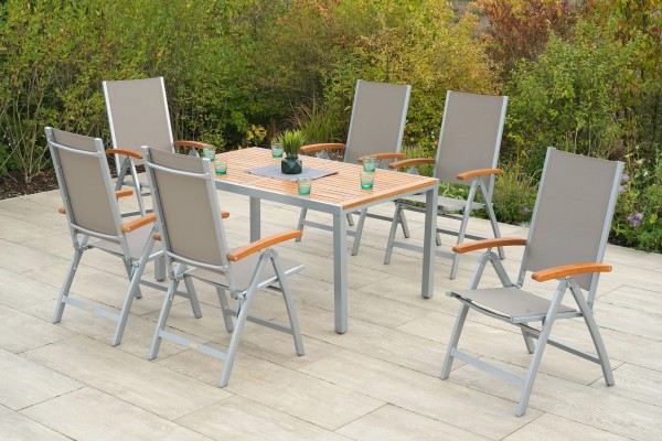 Merxx Gartenmöbelset Naxos 7tlg. Aluminiumgestell Silber mit Akazienholz und Textilbespannung Grau